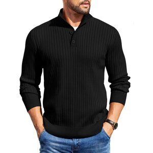 Men's Quarter Button Sweater Long Sleeve Stand Collar Sweaters Knitted Black